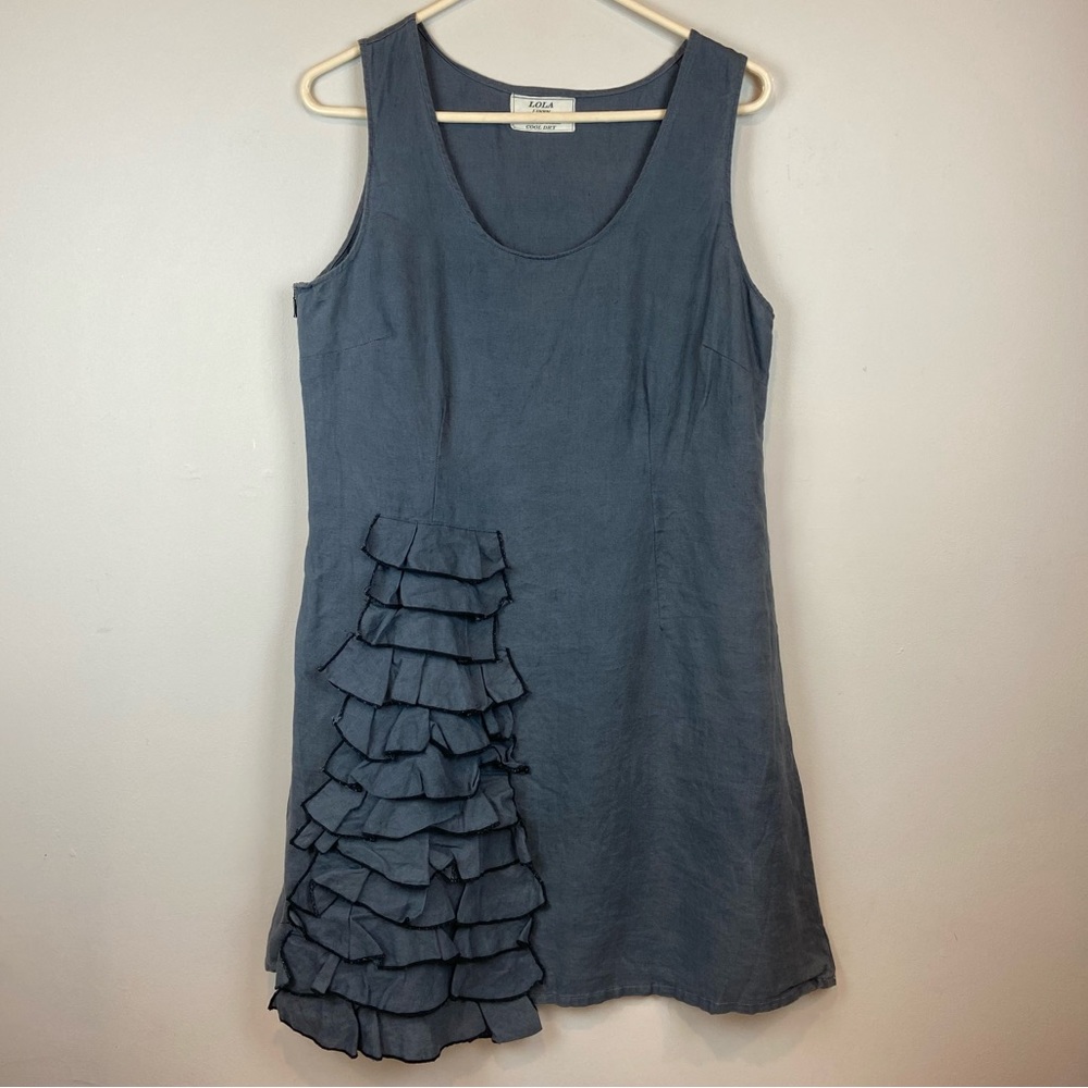 LOLA Linen Blue MIDI Length Tank Dress Women’s Size Large with Ruffles